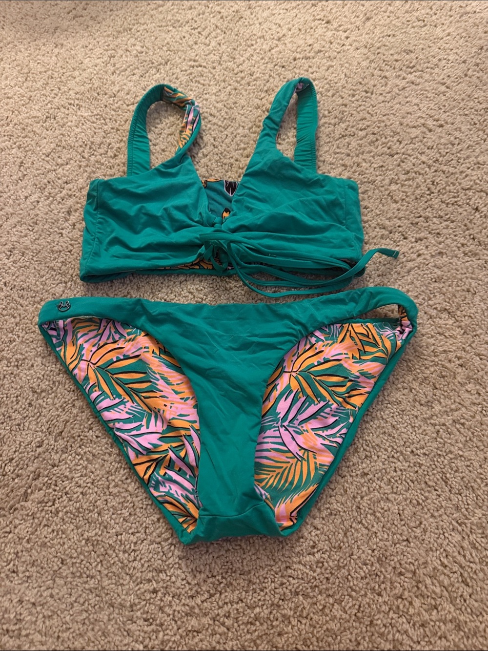 Maaji Teal Two-Piece Bikini Set with Tropical Lining - reversible